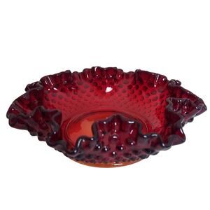 Fenton Ruby Red Hobnail Candy Dish Bowl VTG Glass Ruffle Edge Mid Century Modern